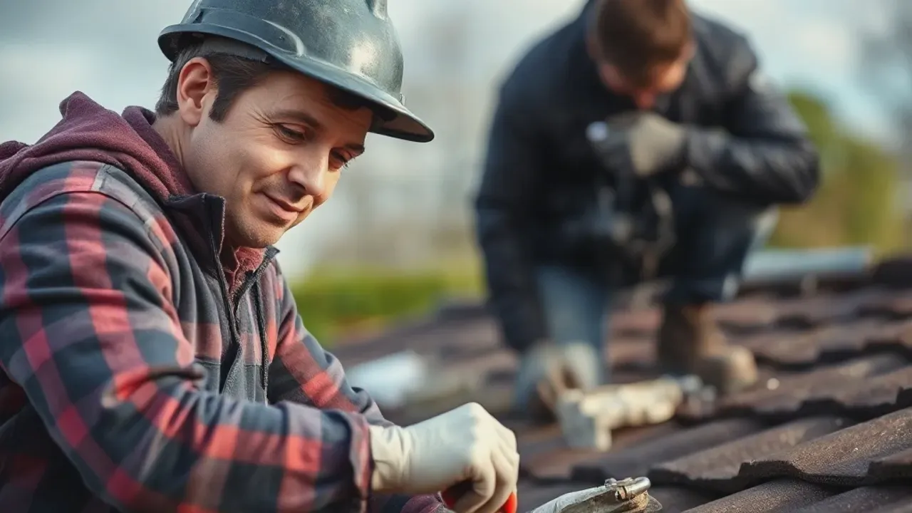 Two professionals working on Ashtead residential roofing near Leatherhead