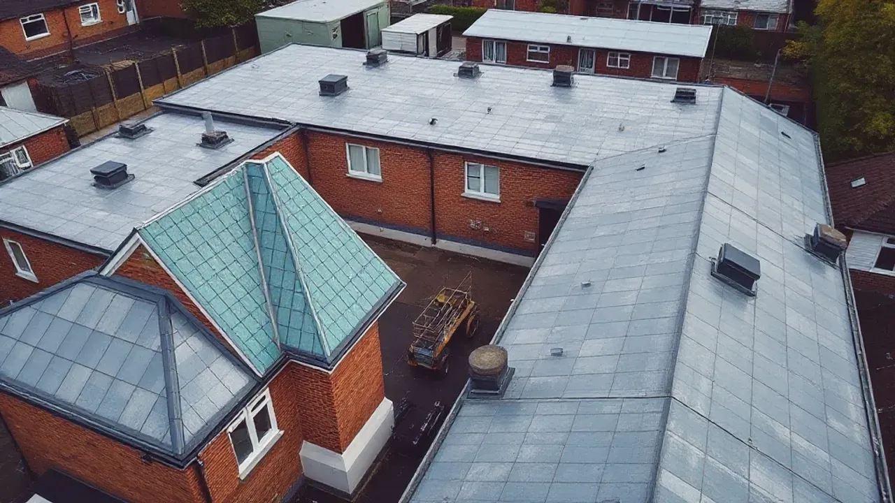 An elevated view across a site relevant to GRP fibreglass roofing near Leatherhead