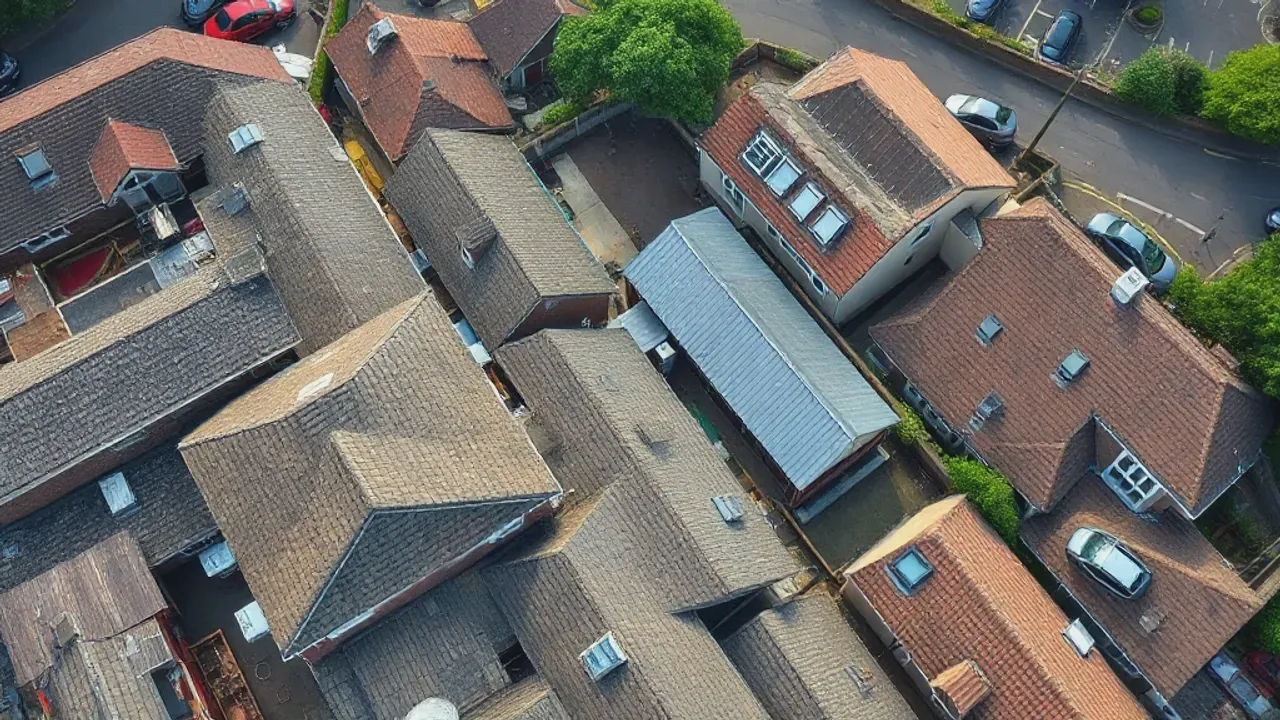 An elevated view across a site relevant to roofing near Leatherhead